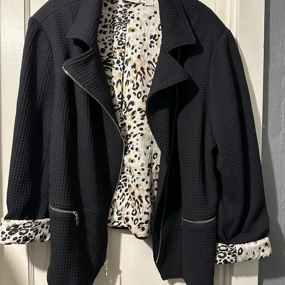 CHICO’S Black, Size 3, leopard lining, Women’s Jacket - Picture 2 of 8